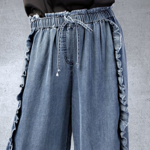 EASEL RESTOCKED! Raw Ruffle Trim Pants Elastic & Drawstring Waist & Scooped Hem - Picture 7 of 15